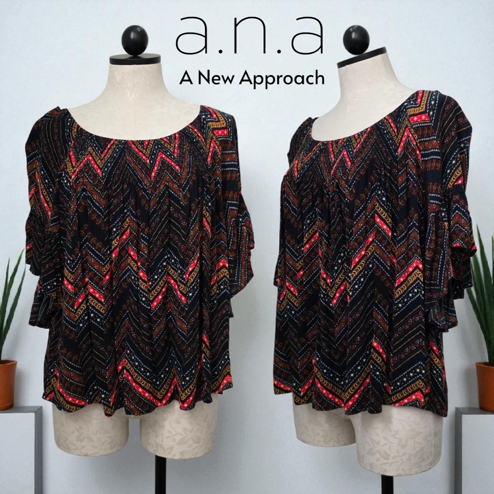 A.N.A Women's Chevron Black & Red Patterned Blouse Tunic Top Bell Tiered Sleeve